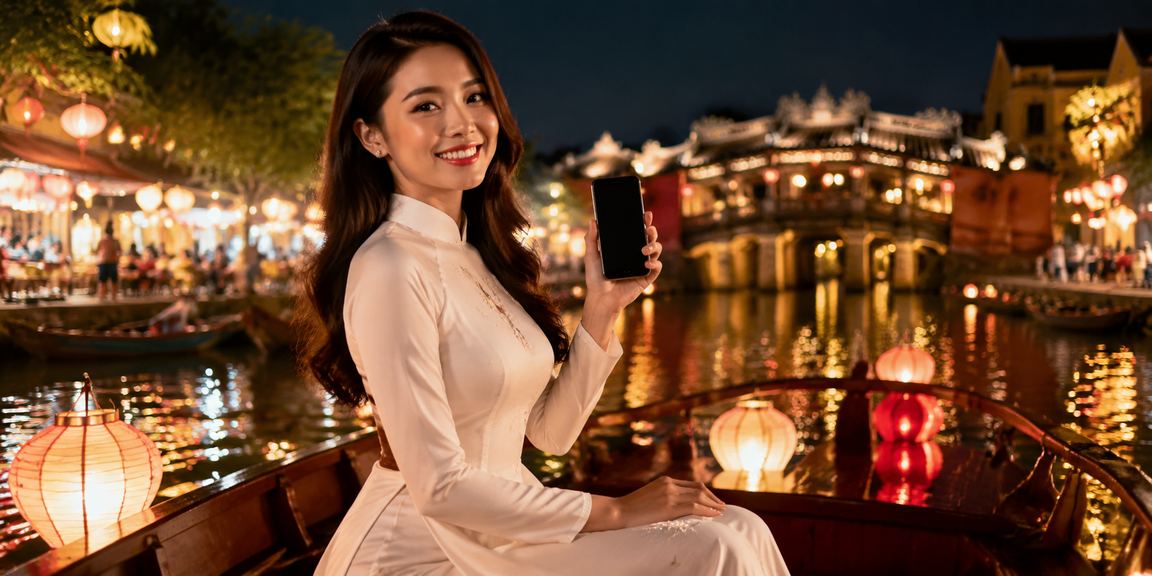 Người dùng Hội An trong tà áo dài truy cập xsmnt3 để đăng ký tài khoản thể thao trực tuyến