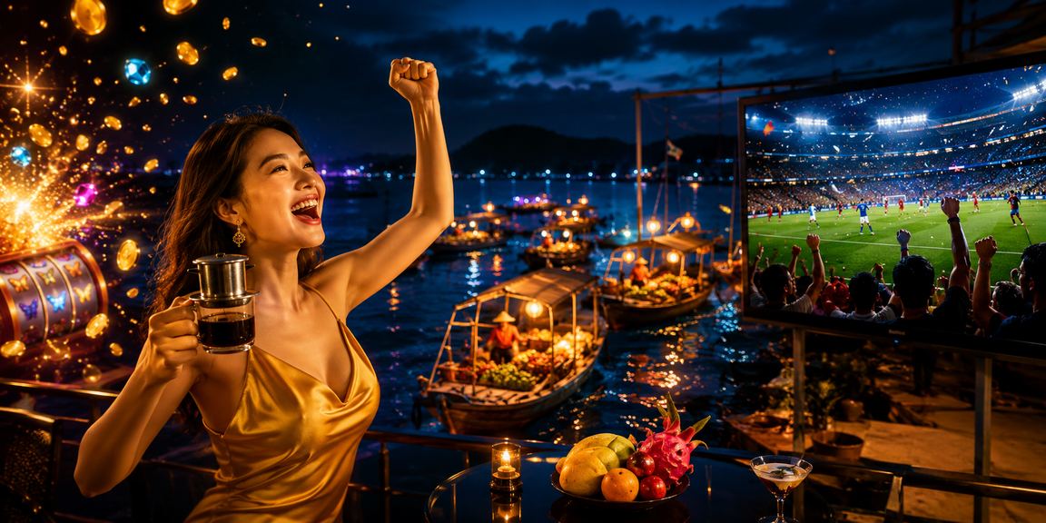 Người dùng Phú Quốc chơi slot game tại quán cà phê với điện thoại
